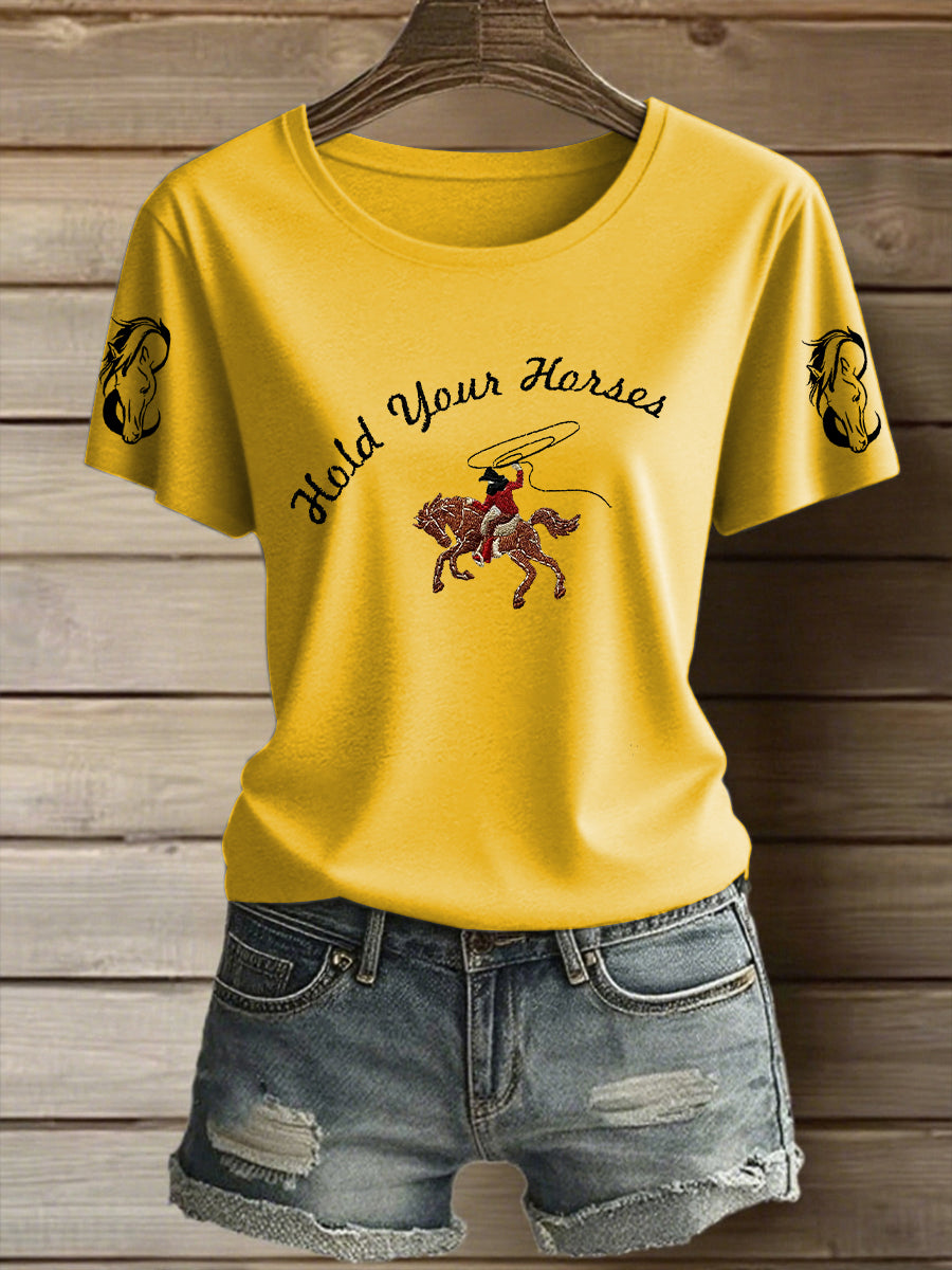 Women's Western Hold Your Horses Cowboy  Short Sleeve T-Shirt