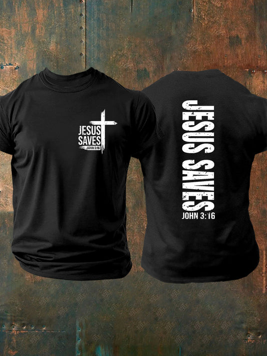 Men's Jesus Saves John 3:16 Faith Cross Print Casual Short Sleeve T-shirt