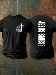 Men's Jesus Saves John 3:16 Faith Cross Print Casual Short Sleeve T-shirt