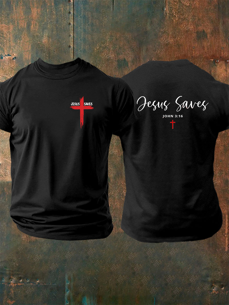 Men's Jesus Saves John 3:16 Faith Cross Print Casual Short Sleeve T-shirt