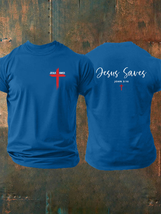 Men's Jesus Saves John 3:16 Faith Cross Print Casual Short Sleeve T-shirt