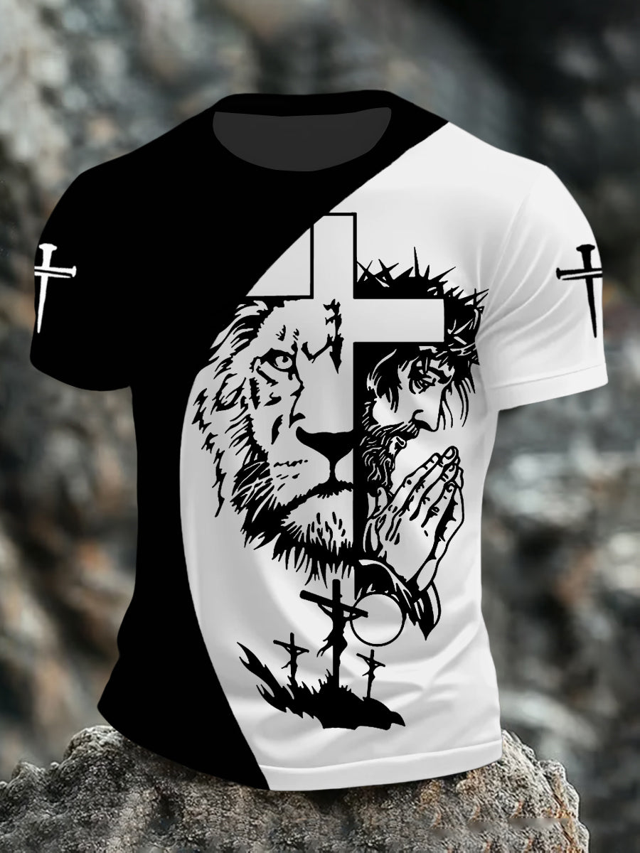 Men's Jesus Praying With Lion Print Short Sleeve T-Shirt