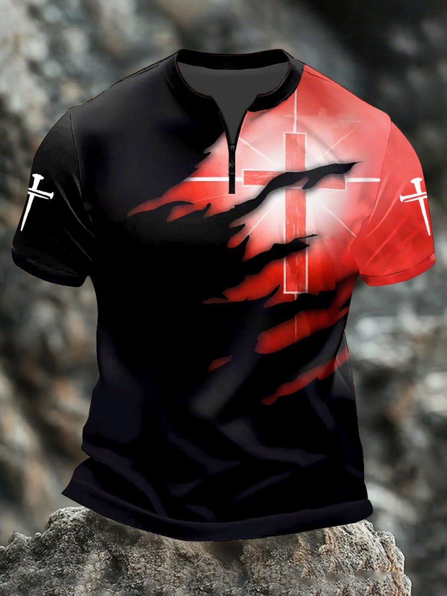 Men's Faith Glowing Cross Print Zipper T-shirt
