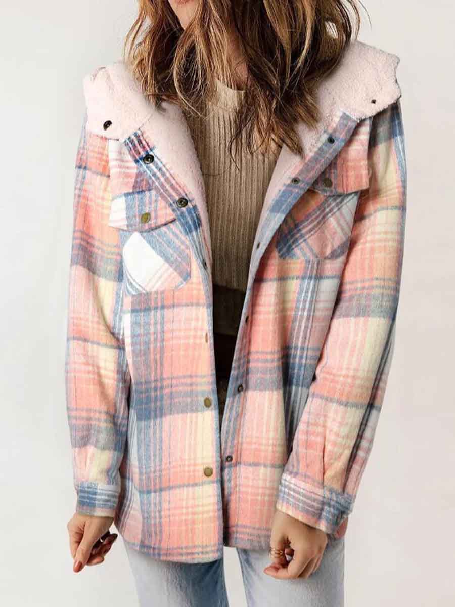 Women's Autumn/Winter Plaid Jacket Long Sleeve Buckle Hooded Jacket Warm Coat