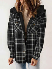 Women's Autumn/Winter Plaid Jacket Long Sleeve Buckle Hooded Jacket Warm Coat