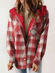 Women's Autumn/Winter Plaid Jacket Long Sleeve Buckle Hooded Jacket Warm Coat