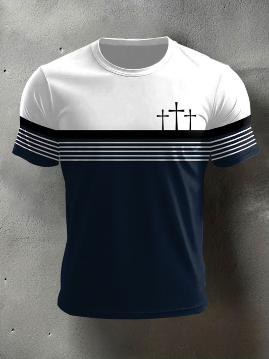 Men's Cross Faith Stripes Print Casual Tee