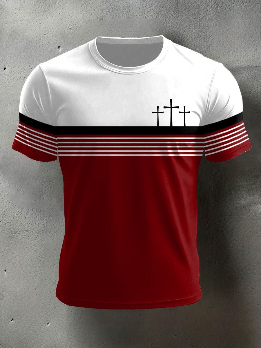 Men's Cross Faith Stripes Print Casual Tee