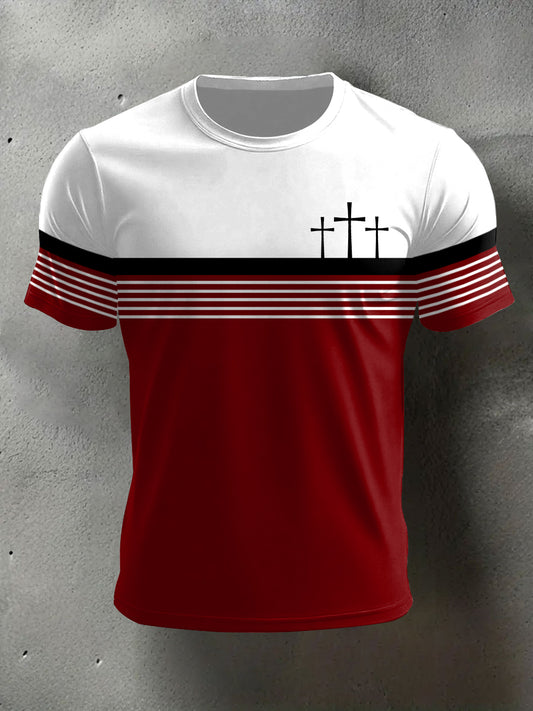 Men's Cross Faith Stripes Print Casual Tee