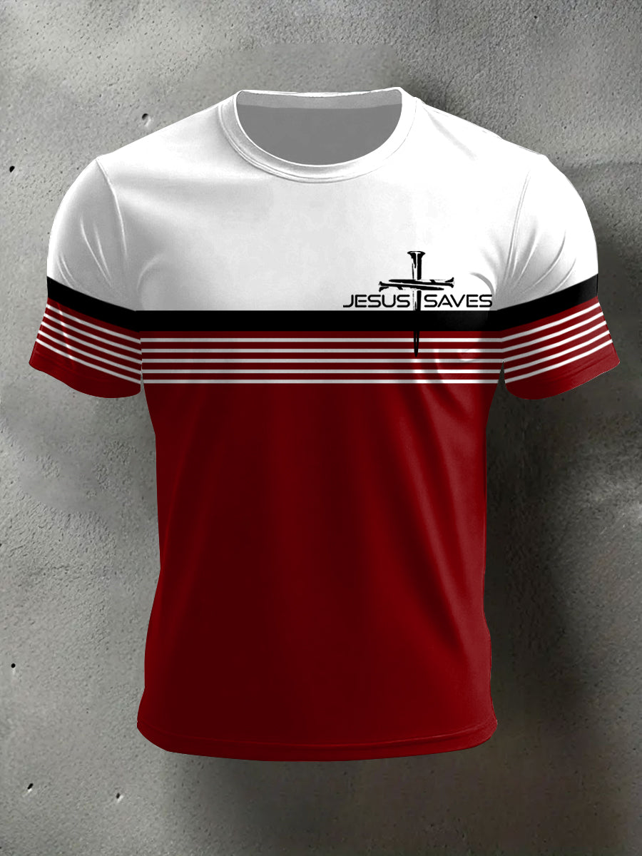 Men's Jesus Saves Cross Faith Stripes Print Casual Tee