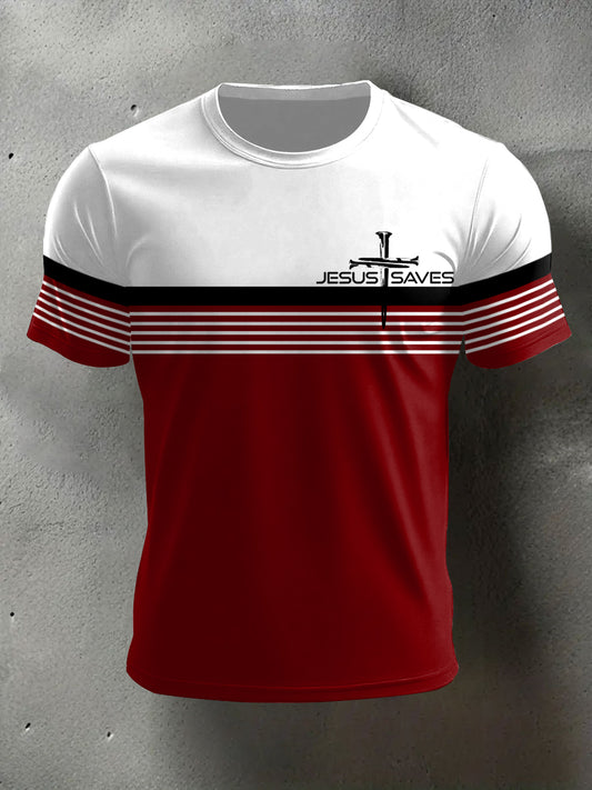 Men's Jesus Saves Cross Faith Stripes Print Casual Tee