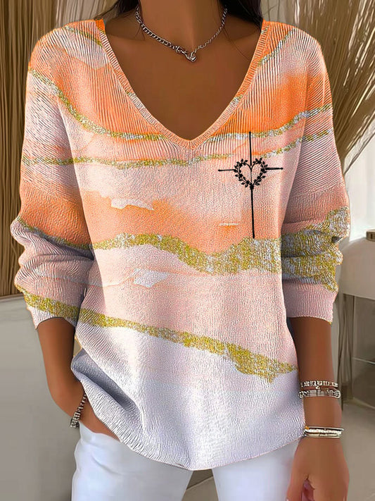 Women's Cross Print Large V-neck Five-quarter Sleeve Top