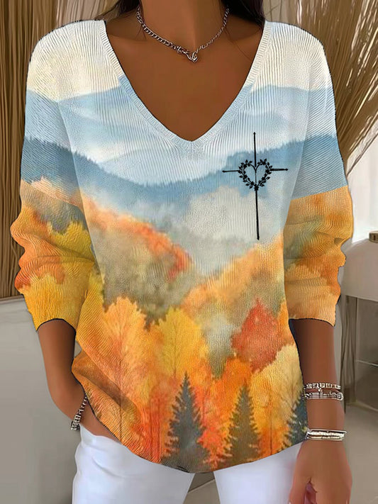 Women's Watercolor Landscape Cross Print Large V-neck Five-quarter Sleeve Top