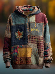 Men's Retro Casual Faith Cross Art Print Oversized Drop-Shoulder Pockets Hoodie
