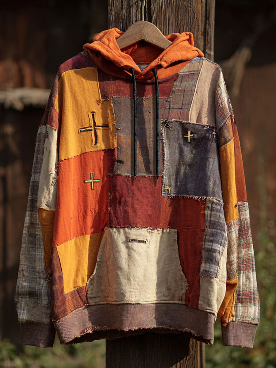 Men's Retro Casual Faith Cross Art Print Oversized Drop-Shoulder Pockets Hoodie