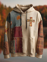 Men's Retro Casual Faith Cross Art Print Oversized Drop-Shoulder Pockets Hoodie
