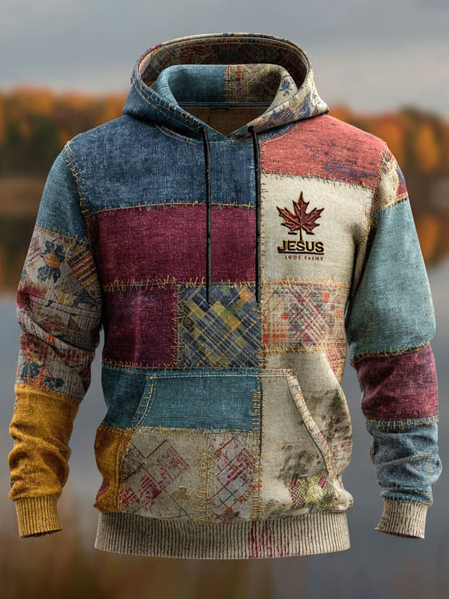 Men's Retro Casual Faith Cross Art Print Oversized Drop-Shoulder Pockets Hoodie