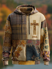 Men's Retro Casual Faith Cross Art Print Oversized Drop-Shoulder Pockets Hoodie