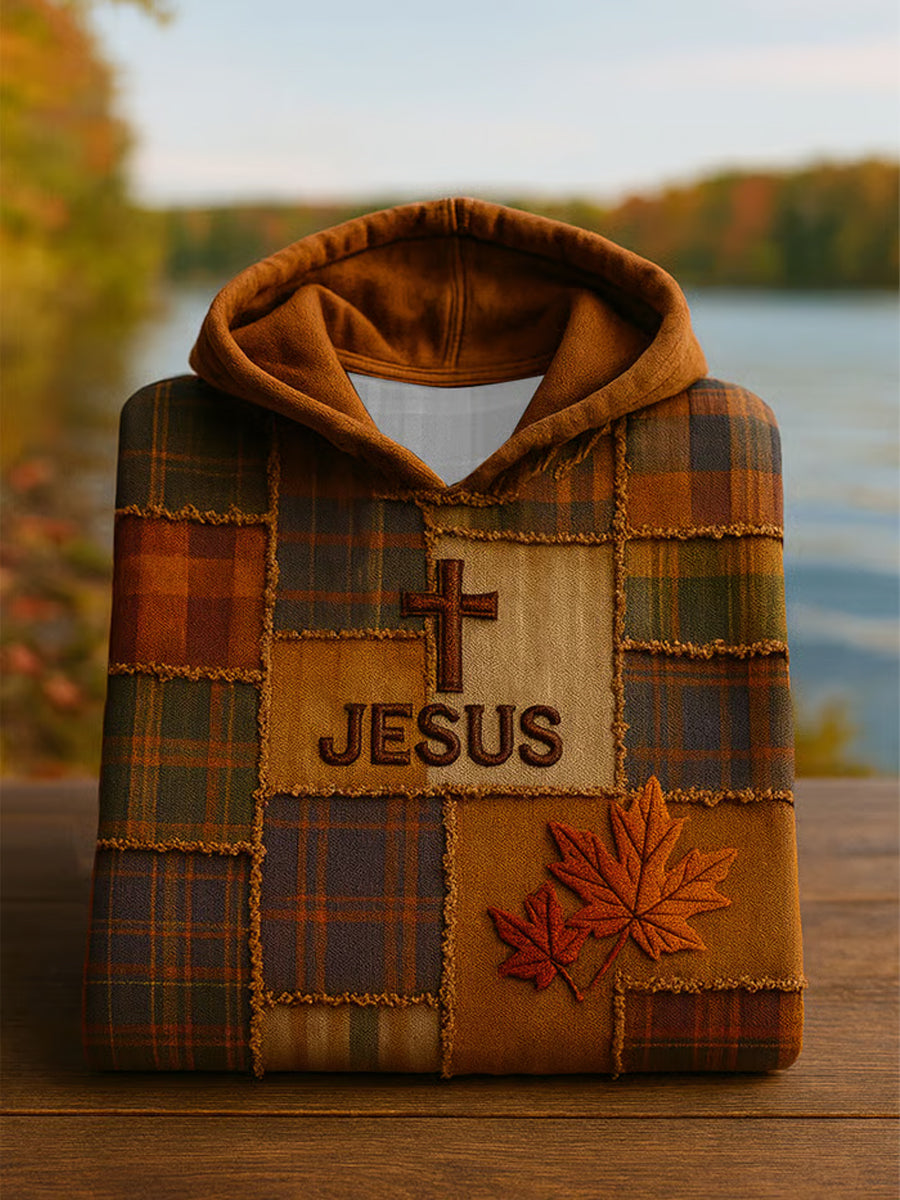 Men's Retro Casual Faith Cross Art Print Oversized Drop-Shoulder Pockets Hoodie