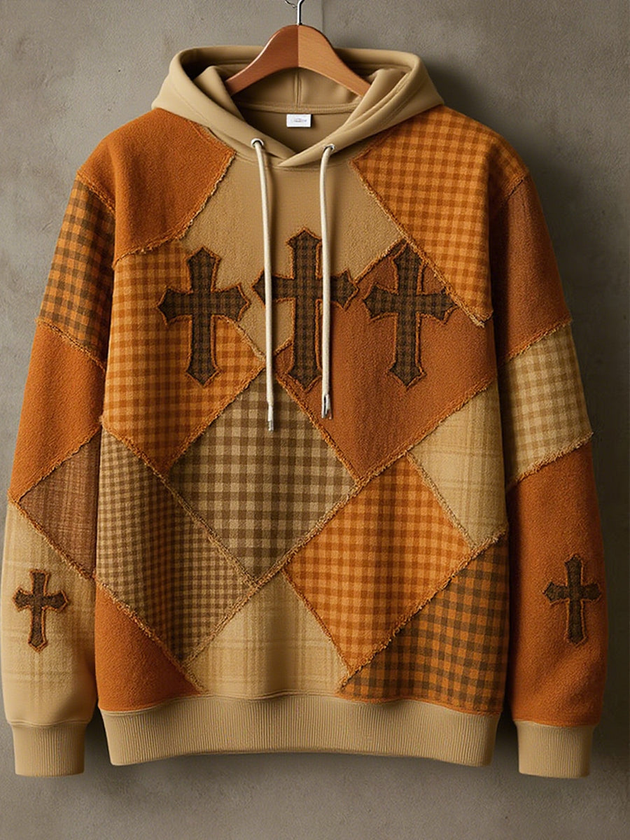 Men's Retro Casual Faith Cross Art Print  Drop-Shoulder Hoodie (No Pockets)