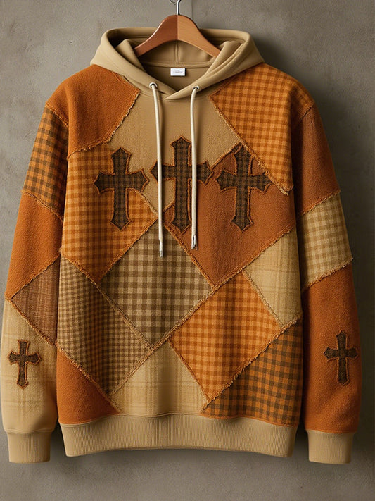 Men's Retro Casual Faith Cross Art Print  Drop-Shoulder Hoodie (No Pockets)