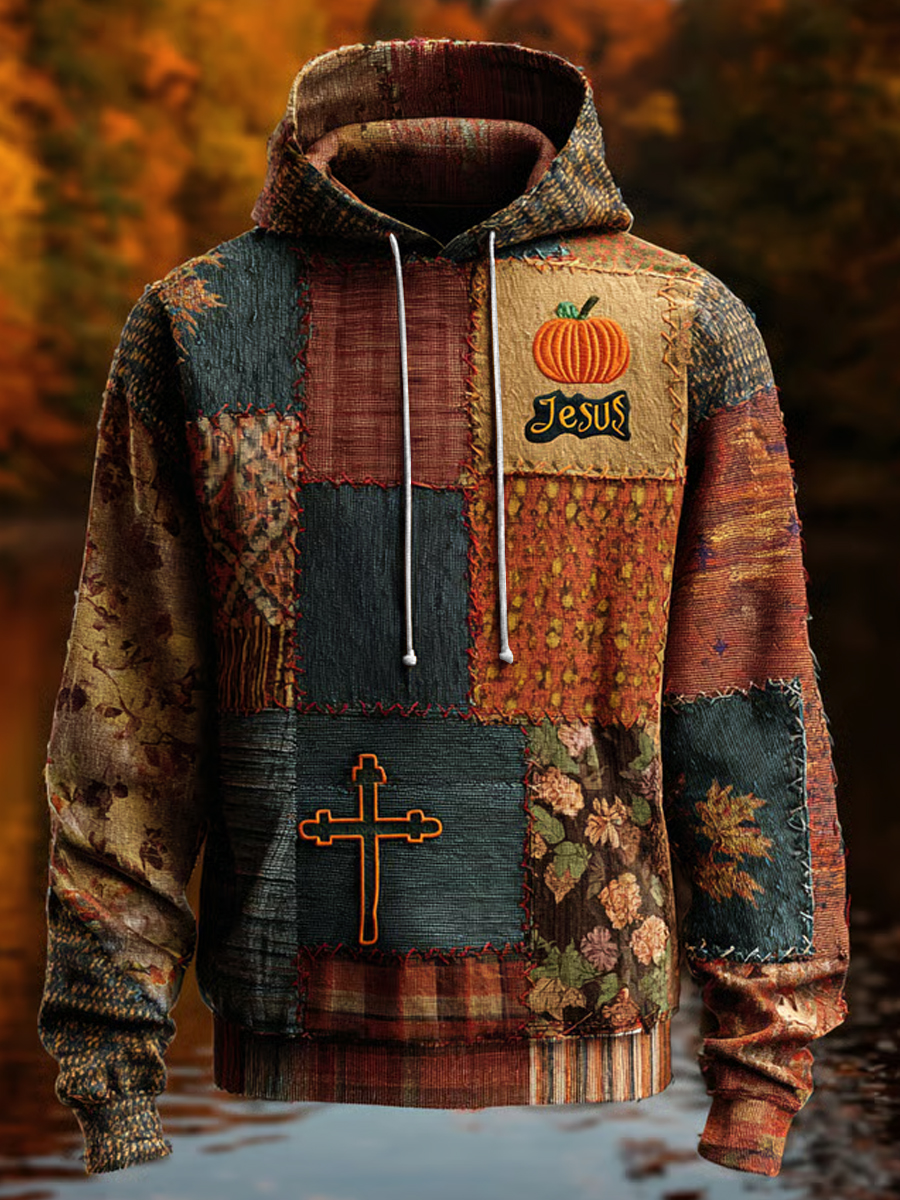 Men's Retro Casual Faith Cross Halloween Art Print Oversized Drop-Shoulder Pockets Hoodie