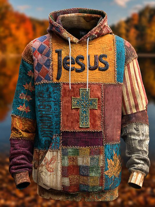 Men's Retro Casual Faith Cross Art Print Oversized Drop-Shoulder Pockets Hoodie