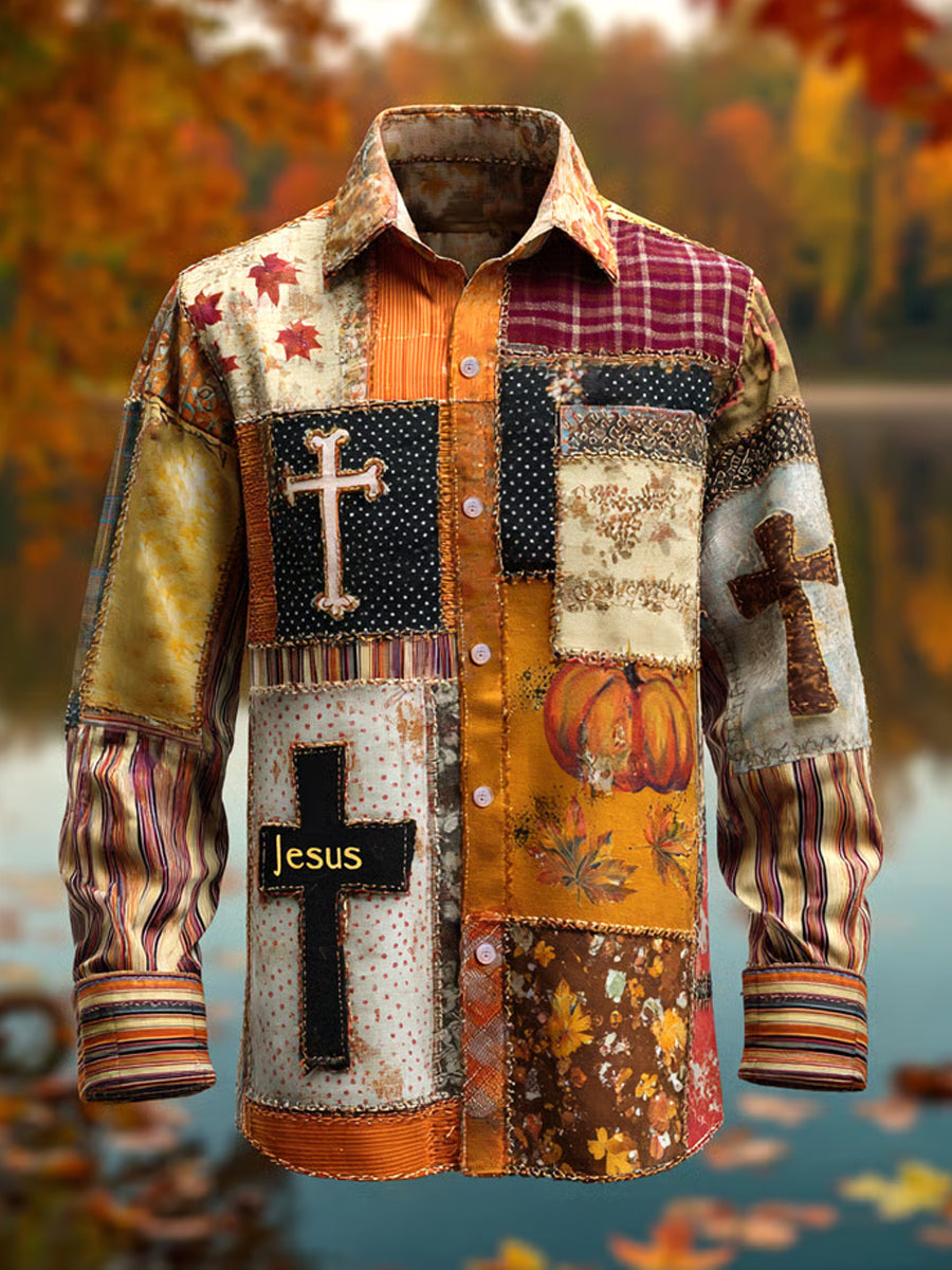 Men's Retro Faith Cross Casual  Art Print Long Sleeve Shirt