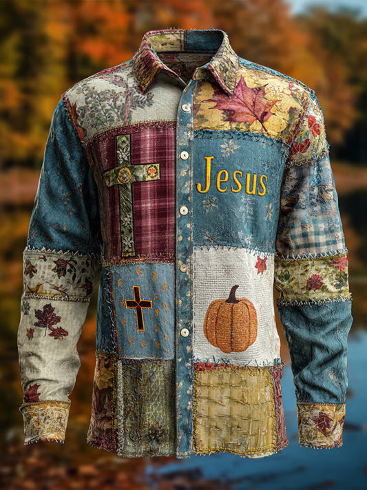 Men's Retro Faith Cross Casual Halloween Art Print Long Sleeve Shirt