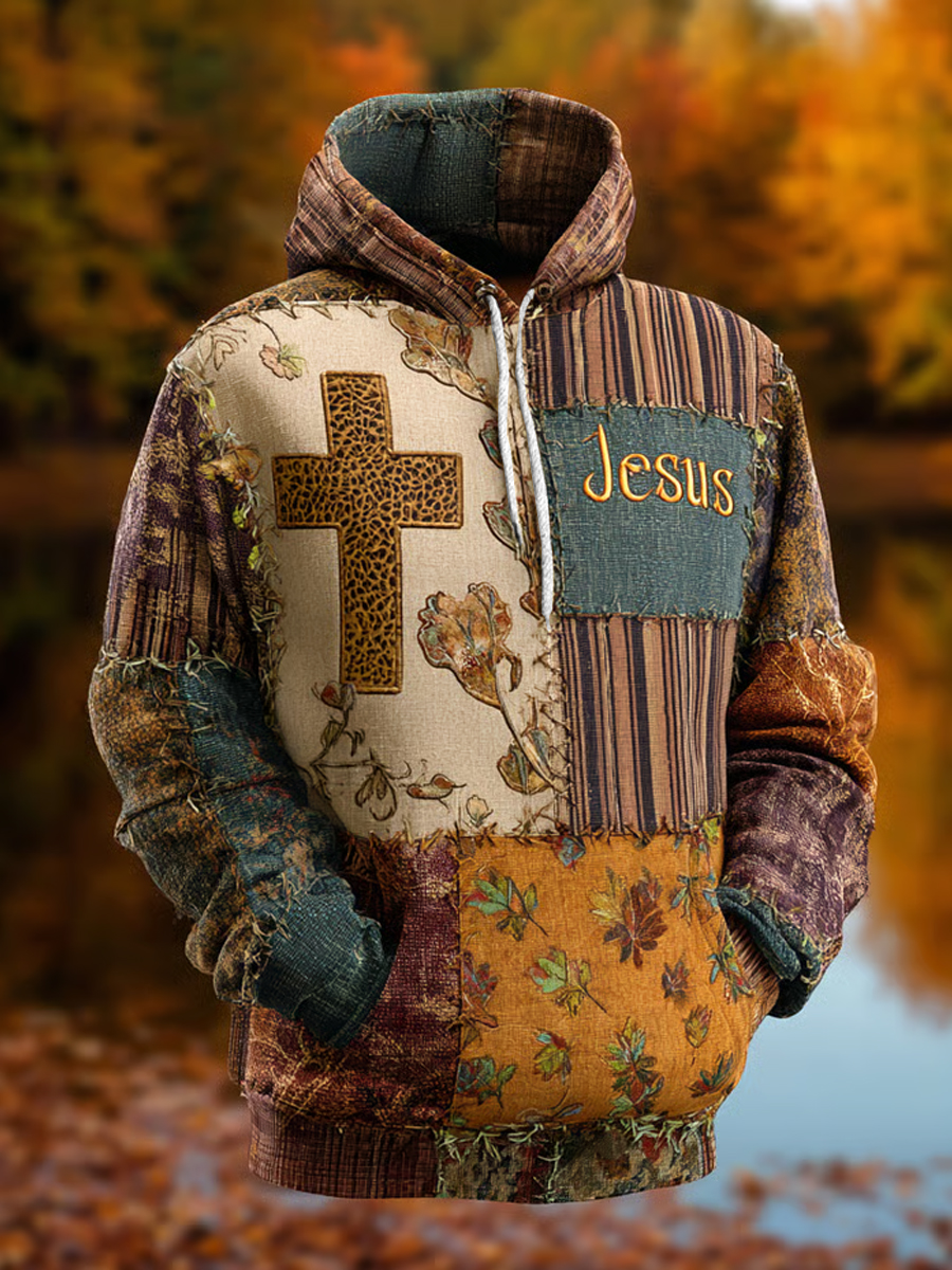Men's Retro Casual Faith Cross  Art Print Oversized Drop-Shoulder Pockets Hoodie