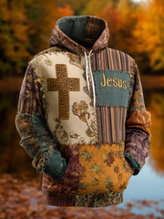 Men's Retro Casual Faith Cross  Art Print Oversized Drop-Shoulder Pockets Hoodie
