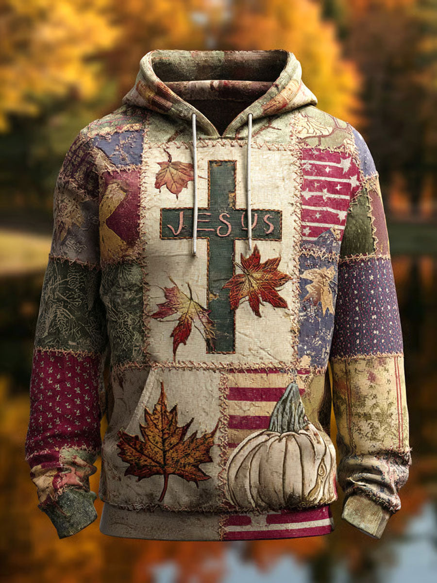 Men's Retro Casual Faith Cross Art Print Oversized Drop-Shoulder Pockets Hoodie