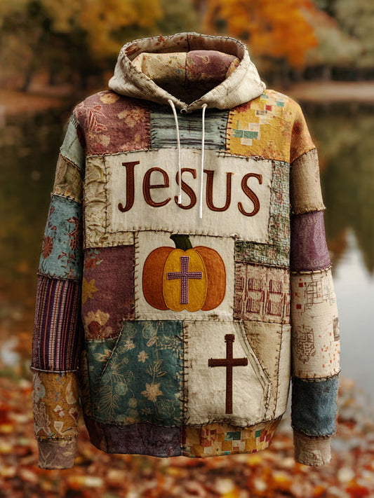 Men's Retro Casual Faith Cross Art Print Oversized Drop-Shoulder Pockets Hoodie