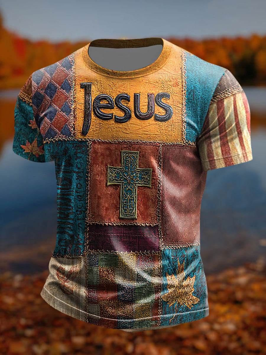 Men's Retro Casual Faith Cross Art Print Short Sleeve T-shirt