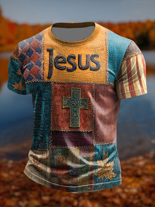 Men's Retro Casual Faith Cross Art Print Short Sleeve T-shirt