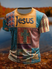 Men's Retro Casual Faith Cross Art Print Short Sleeve T-shirt