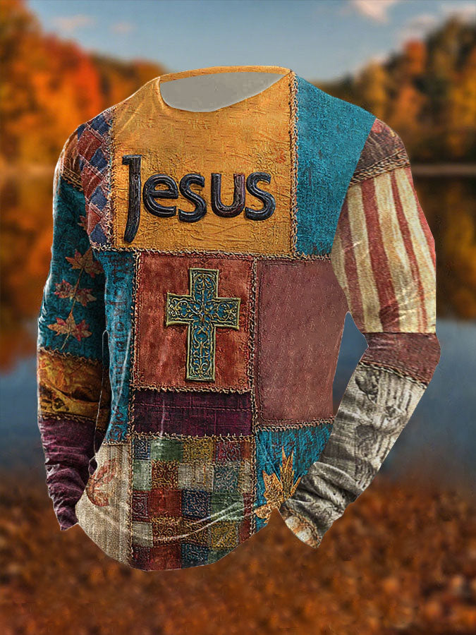 Men's Retro Casual Faith Cross Art Print Long Sleeve T-shirt