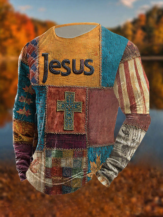 Men's Retro Casual Faith Cross Art Print Long Sleeve T-shirt