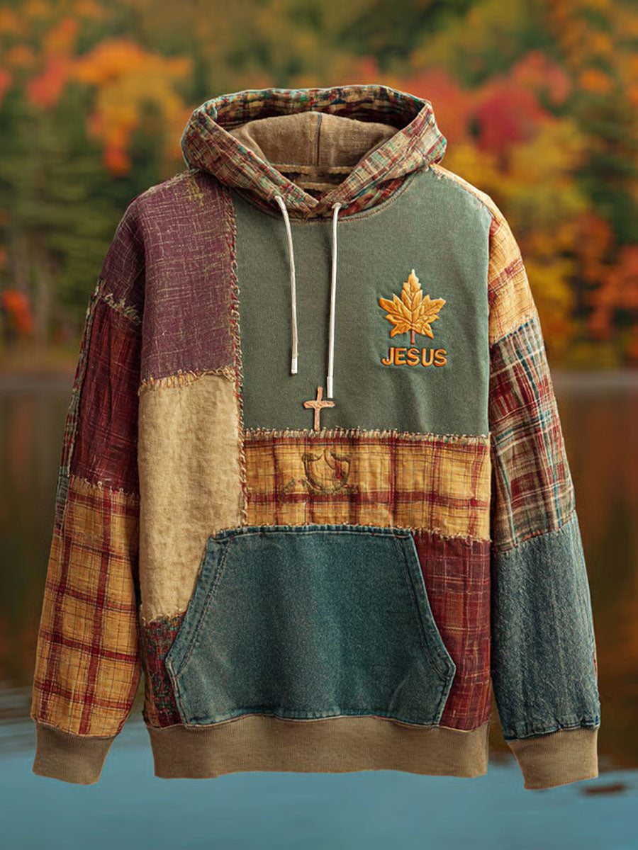 Men's Retro Casual Faith Cross Art Print Oversized Drop-Shoulder Pockets Hoodie