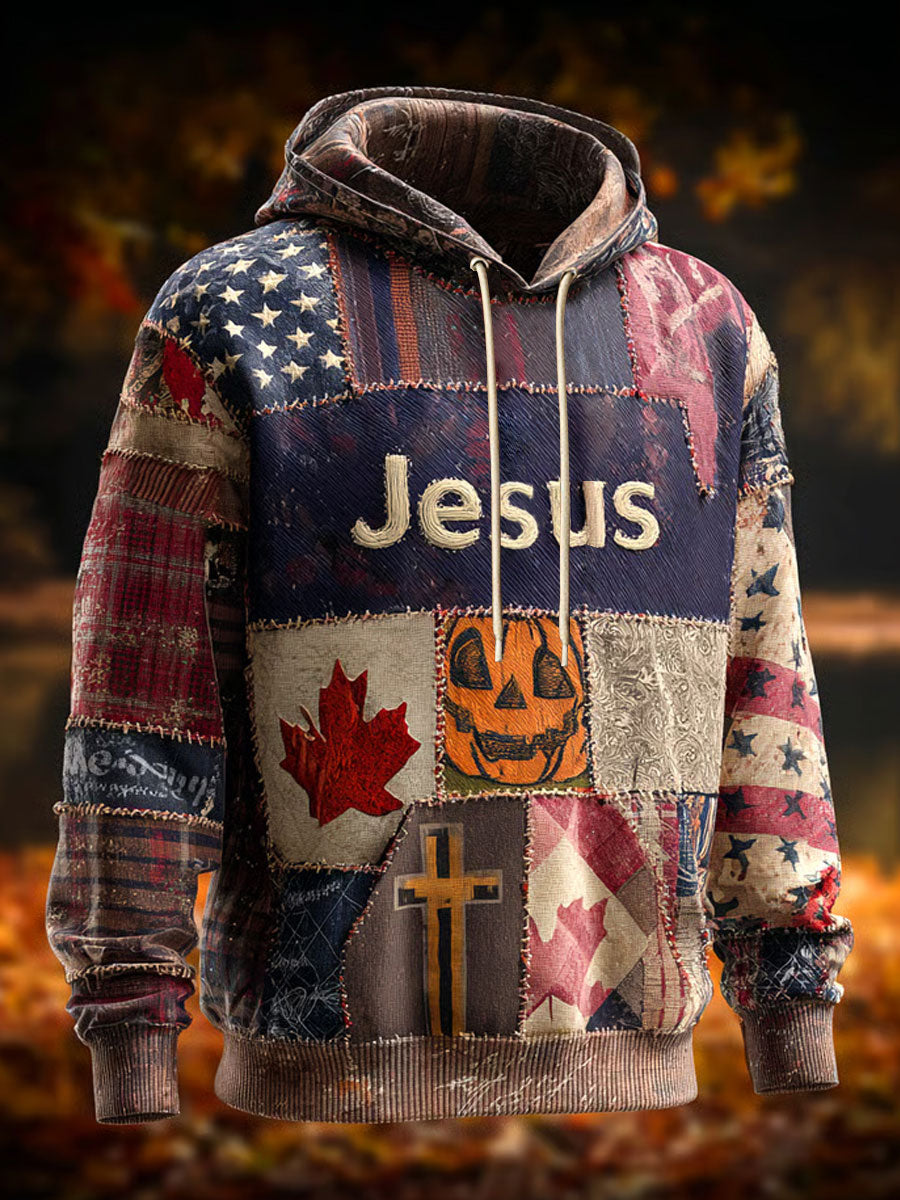 Men's Retro Casual Faith Cross Art Print Oversized Drop-Shoulder Pockets Hoodie