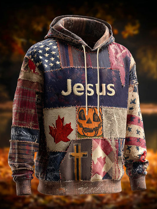 Men's Retro Casual Faith Cross Art Print Oversized Drop-Shoulder Pockets Hoodie