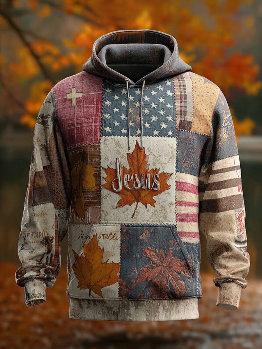 Men's Retro Casual Faith Cross Art Print Oversized Drop-Shoulder Pockets Hoodie
