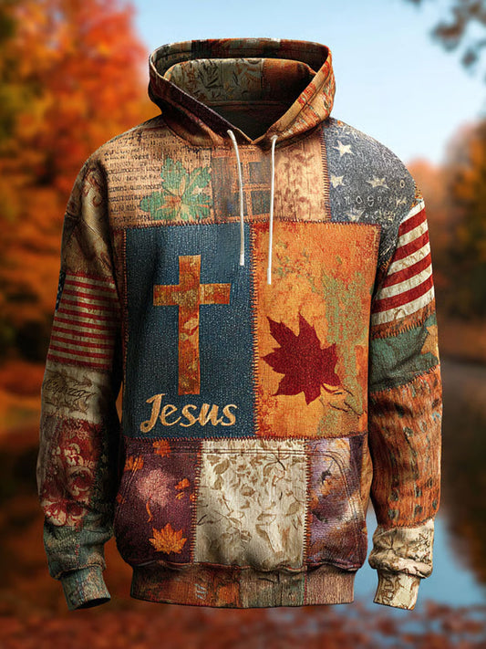 Men's Retro Casual Faith Cross Art Print Oversized Drop-Shoulder Pockets Hoodie