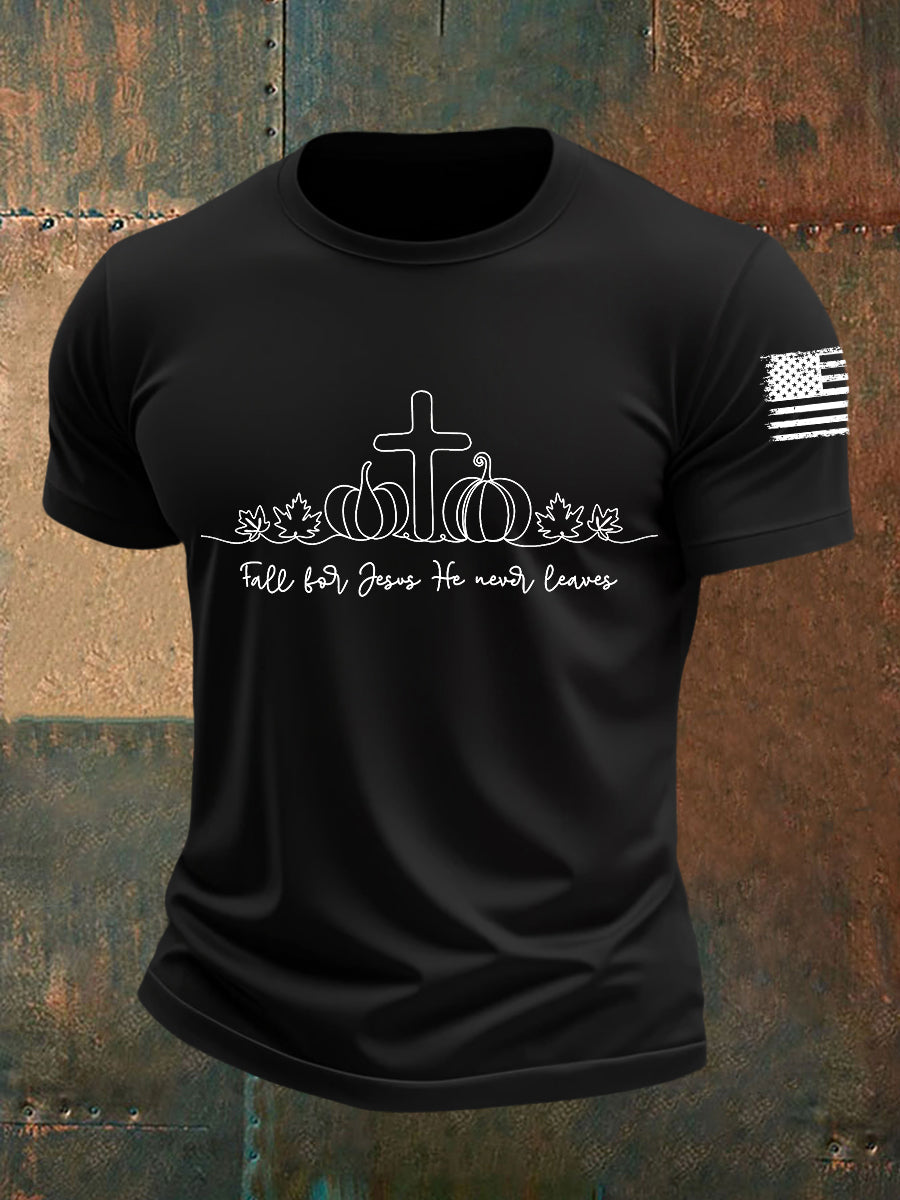 Men's Fall For Jesus He Never Leaves Short-sleeved T-shirt