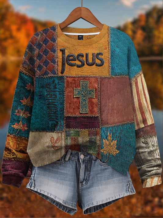 Women's Retro Casual Faith Cross Art Print Long Sleeve Sweatshirt