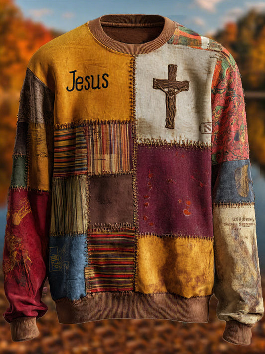 Men's Retro Casual Faith Cross Art Print Crew Neck Sweatshirt