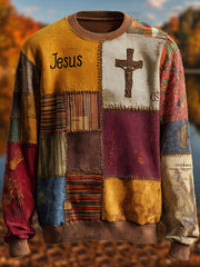 Men's Retro Casual Faith Cross Art Print Crew Neck Sweatshirt