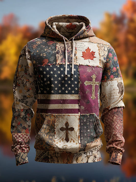 Men's Retro Casual Faith Cross Art Print Oversized Drop-Shoulder Pockets Hoodie