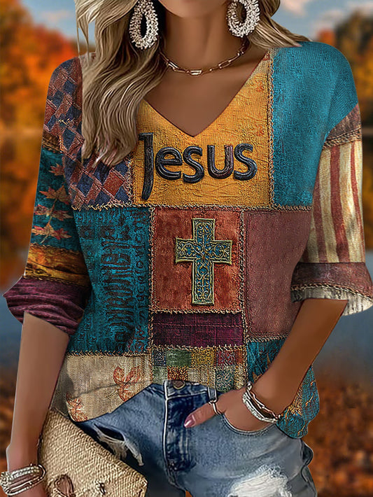 Women's Retro Casual Faith Cross Art Print  Waffle T-shirt