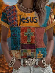 Women's  Retro Casual Faith Cross Art Print Short Sleeve T-shirt